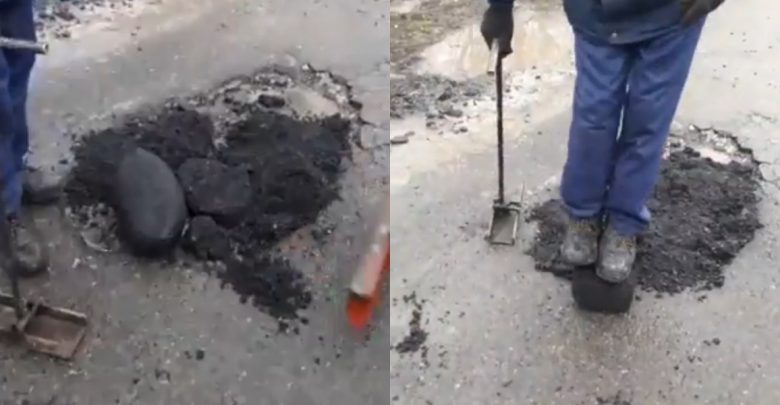 Photo of video | În gropi pun peliculă, iar cu picioarele fărâmă bolovanii de asfalt. Cum se repară „drumurile bune” la Ialoveni?