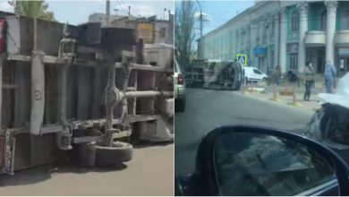 Photo of video | Ambuteiaje pe str. Vadul lui Vodă din capitală. Un camion s-a răsturnat pe sensul giratoriu