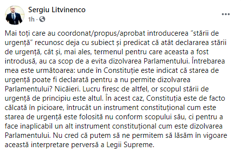 Sergiu Litvinenco: Starea de urgență nu este folosită potrivit scopului