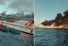 Photo of video | Un vapor cu peste 270 de oameni la bord a luat foc. Momentul în care pasagerii sar în apă pentru a se salva