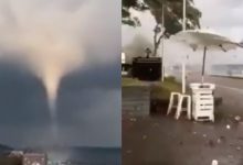 Photo of video | Oameni aruncați în apă și loviți de pietre. Cel puțin șapte persoane au fost rănite după ce o tornadă formată în mare a ajuns pe uscat