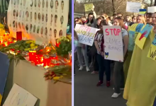 Photo of Protest la Ambasada Rusiei din București: Copiii au călcat în picioare portretul lui Putin. Lumânări și flori la Ambasada Ucrainei