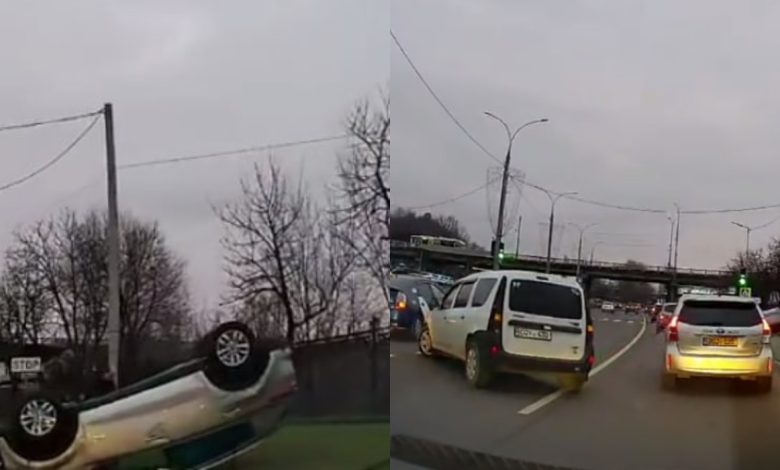 Photo of video | O mașină s-a răsturnat, iar alta a fost avariată în urma unui accident în capitală. În ce stare sunt șoferii