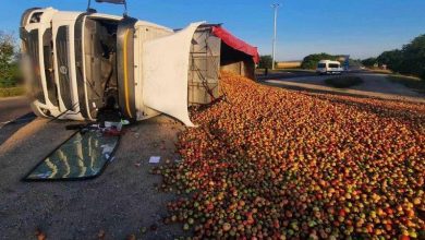 Photo of foto | Ar fi pierdut controlul volanului: Un camion încărcat cu mere s-a răsturnat într-un șanț